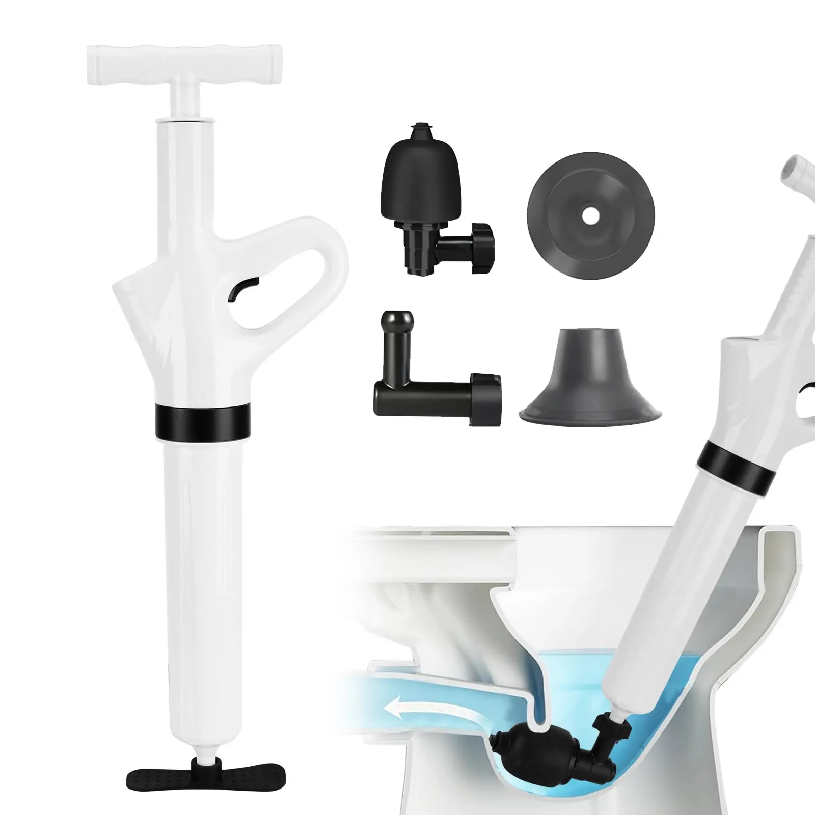 Desatascador de inodoros, desatascador de inodoros blanco de alta resistencia, kit de desatascador de alta presión, desatascador de lavabos para desatascar inodoros y lavabos
