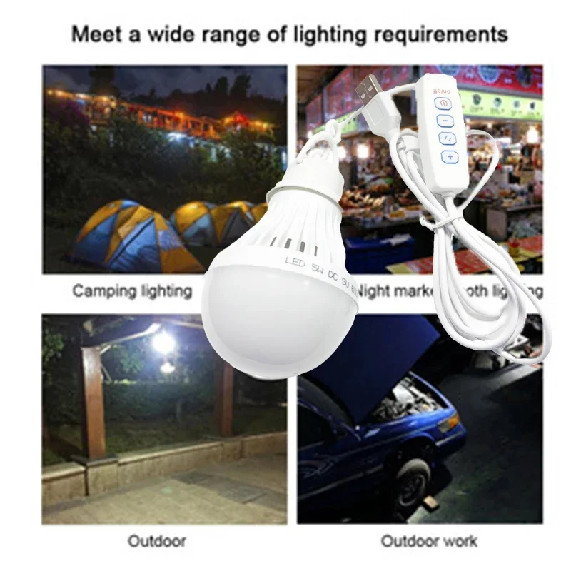 DC5V Led Camping Light 5W Usb Emergency Bulb 3-color Dimmable Hanging Tent Light Barbecue Fishing Repair Outdoor Equipment