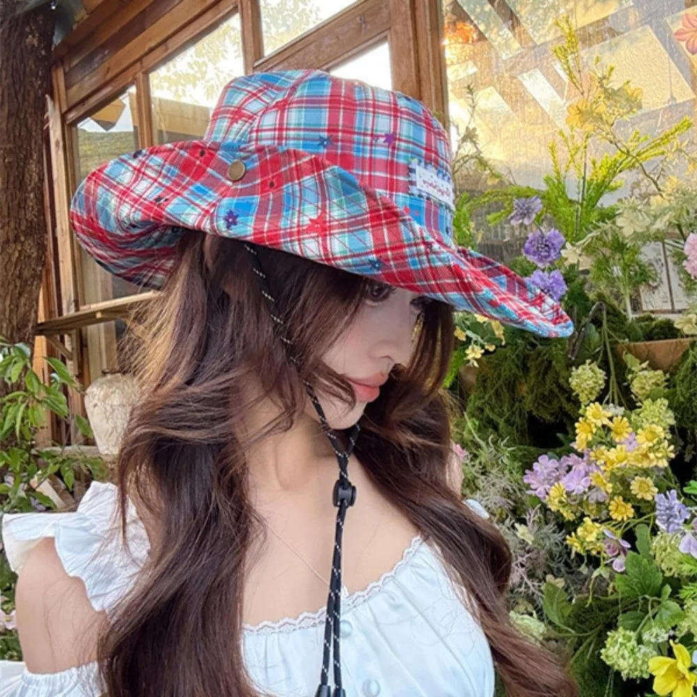 

Trendy Sun-protective Fisherman Cap Breathable Spring Summer Sun Hat Versatile Check Pattern Fisherman's Hat for Women