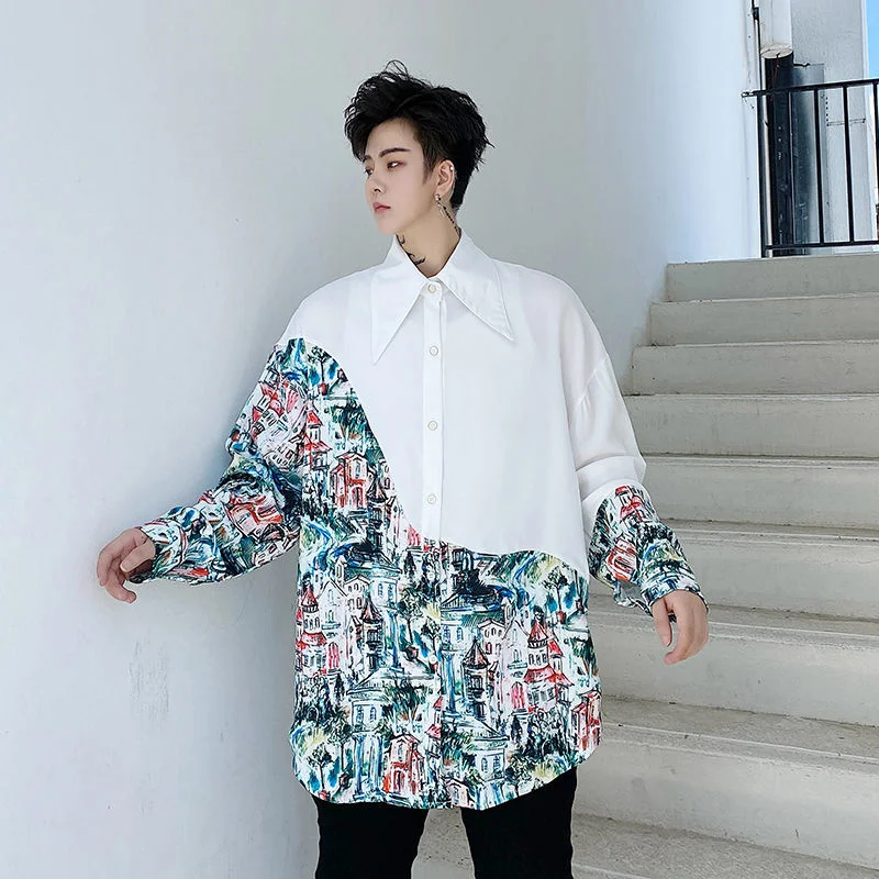 

Stitching Niche Design Printting Men's Shirt Long Sleeve Loose Blouse 2022 New Loose Oversized Tops Autumn Tide 2Y2807