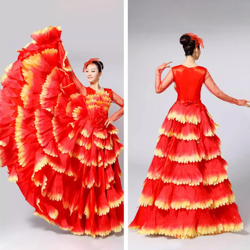 Damen Spanisches Flamenco Stierkampf-Kleid, Eröffnungstanz, Großer Schwung, Blütenblatt-Design, Klassische Kleider, Bühnentänzerin, Performance-Rock, Kostüm – Detail 4