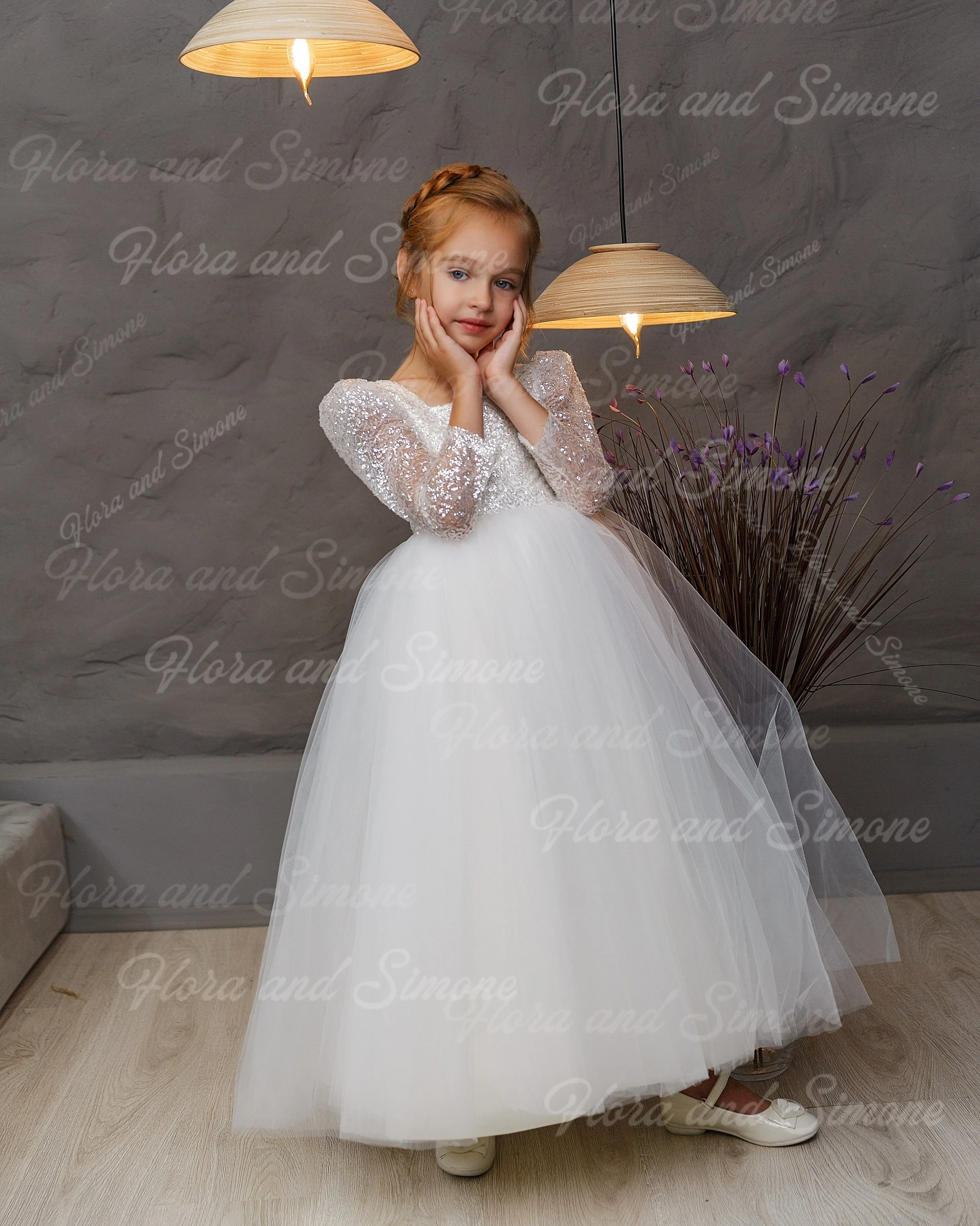 Robe de princesse élégante et brillante, manches longues, avec nœud, à fleurs, pour cérémonie de mariage, cadeau d'anniversaire, célébration de noël