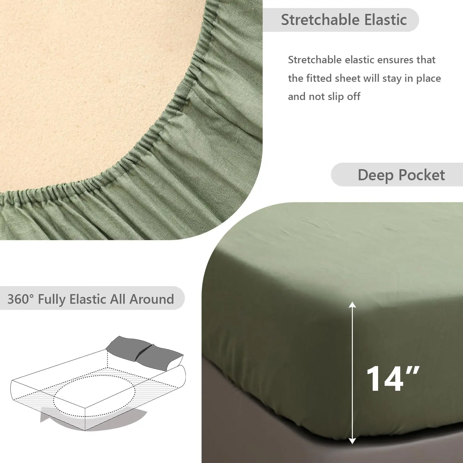 100% Linen Fitted Sheet (1 Piece), 14 Inch Deep Pocket Mattress Cover Natural French Flax Stone Washed Farmhouse Soft Breathable