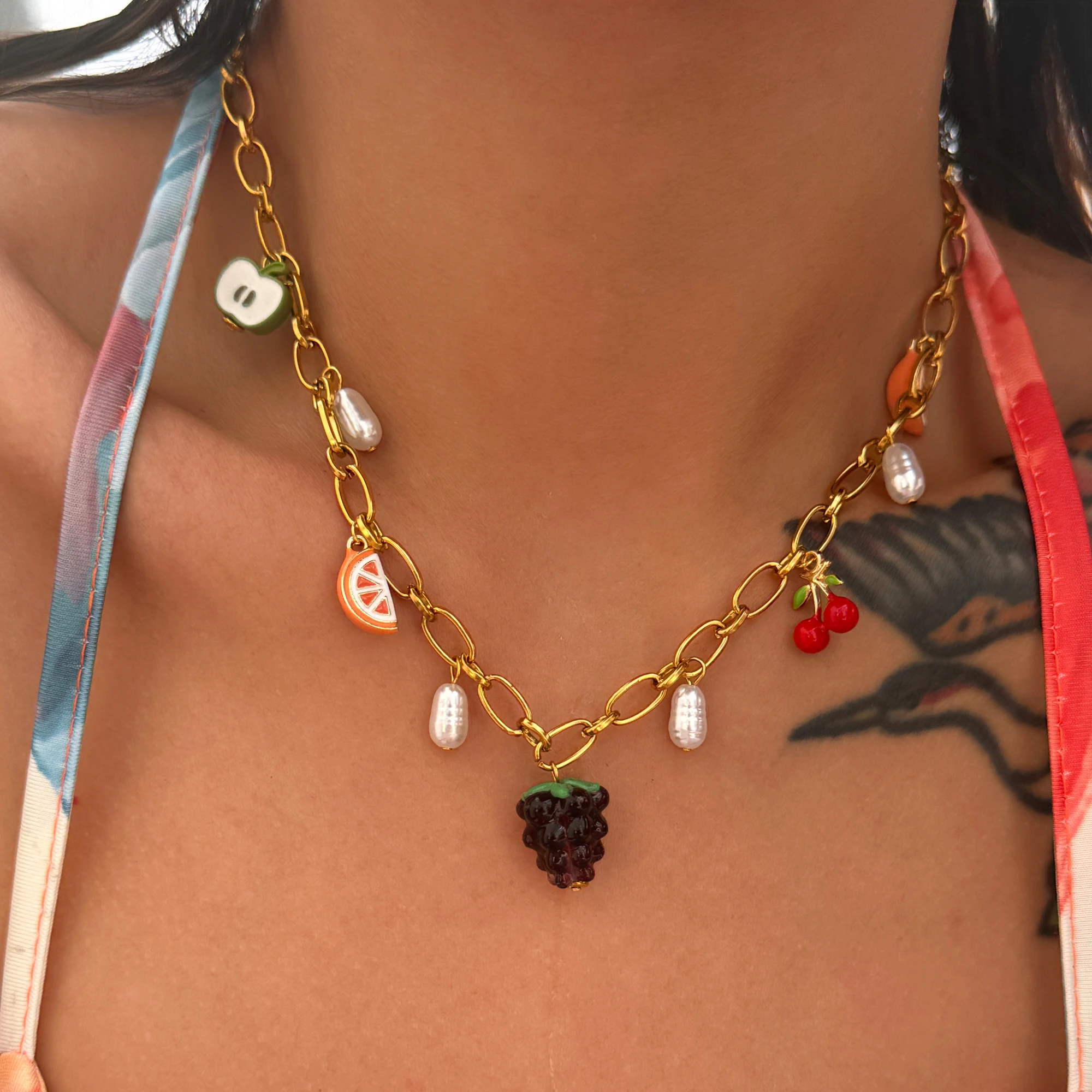 DASEIN Sweet Summer Fruit Grape Natural Pearl Dangle Necklace 18k Gold Plated Tarnish Free Stainless Steel Cute Jewelry for Girl