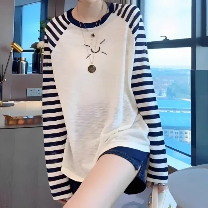 

Women's Long Sleeve T-shirt Korean Fashion New in Knitwears Striped Top Female Popular Clothes Pulovers Trending Clothing Basic