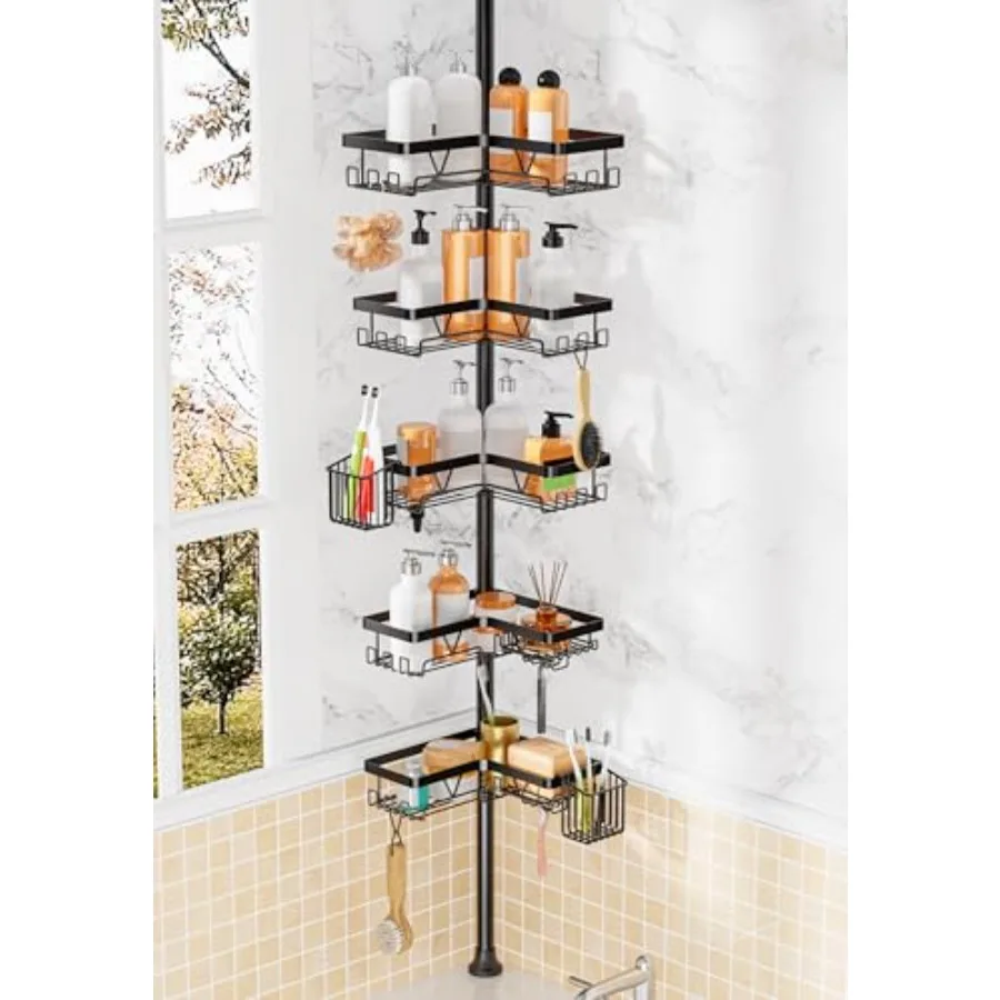 

Adjustable Tension Pole Shower Caddy 5-Tier Stainless Steel Shower Shelf Organizer with 2 Movable Toothbrush Holders 25-115 Inc