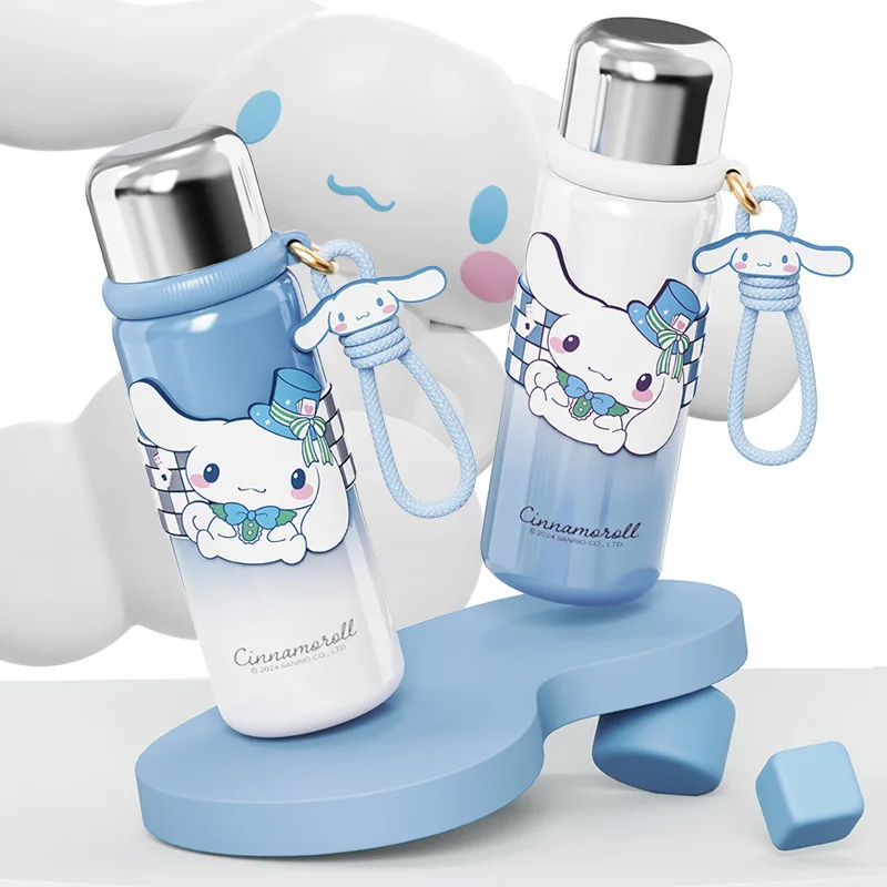 

600ml Sanrio Kuromi Children Thermos Bottle Girl Straw Kettle Crossbody Stainless Steel Kawaii Thermal Water Bottle Student Cup