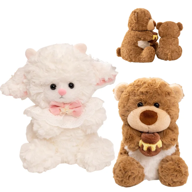 Cartoon 22-45cm Brown Bear Holding Honeypot Stuffed Animals Plush Toy Lovely Sheep with Bowknot Doll Baby Gifts for Girls Boys