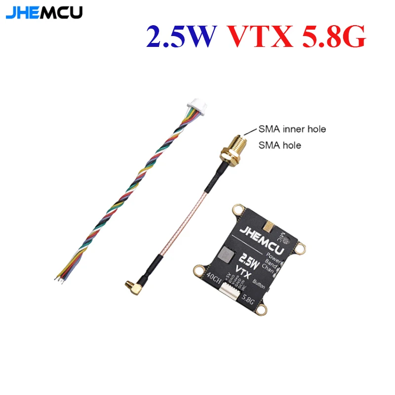 

JHEMCU 2.5W VTX 5.8G 40CH Adjustable FPV Transmitter Built-in Microphone Heat Sink 2-6S 30X30mm for RC Airplane FPV Long Range