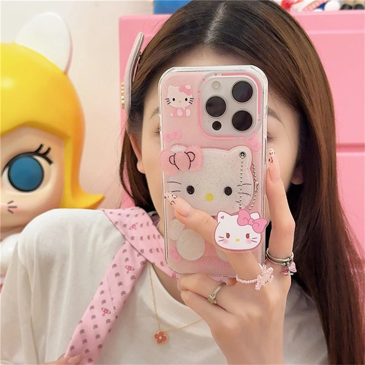 

Kawaii Pink Hellokitty Mirror Phone Case For iPhone 16 Pro 14 15 Pro Max Cute Protective Cover with Pendant Cases