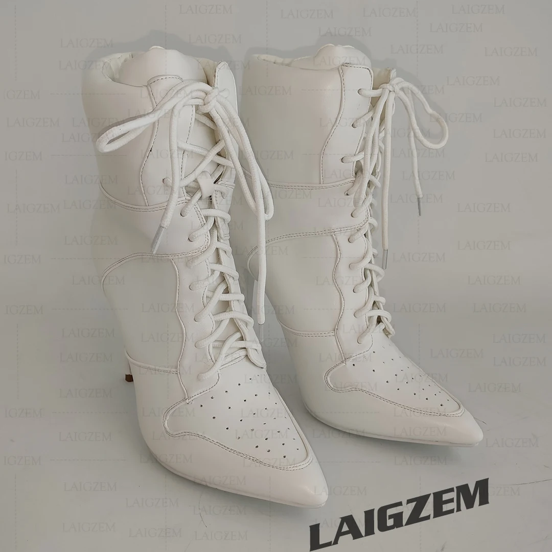 

BERZIMER Women Ankle Boots Pointed Toe Faux Leather Lace Up Thin High Heels Boots Handmade Ladies Shoes Woman Big Size 41 42 47