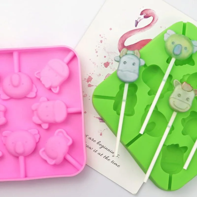 Lollipop Mold DIY Chocolate Hard Candy Cartoon Animal Silicone Mold Dinosaur Pig Elephant Bear with Candy Bag Lollipop Stick