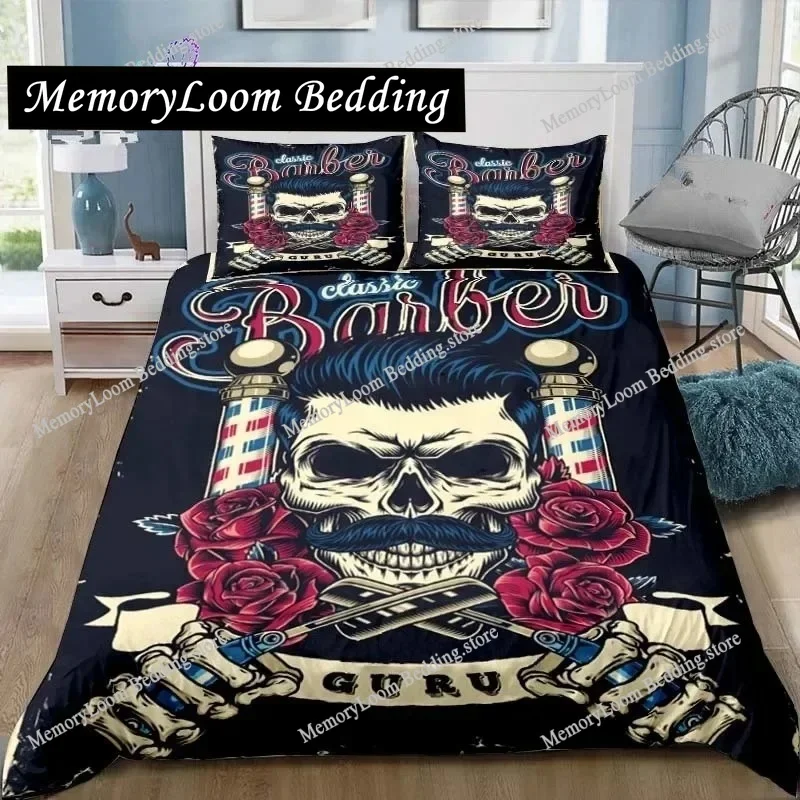 

Vintage Barber Shop Skull Sign Bedding Set Single Twin Full Queen King Size Bed Set Adult Kid Bedroom 3D Print Bedding Gift