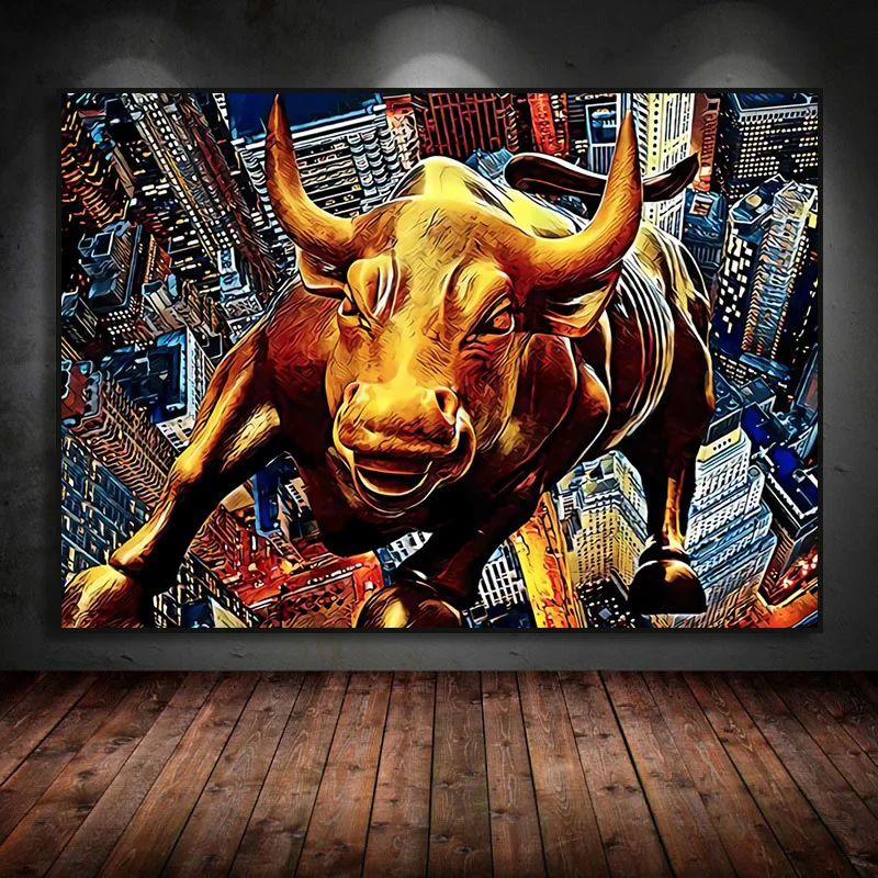 New York Landmark Charging Wall Street Bull Oil Painting Poster Modern Canvas Wall Art Picture for Living Room Home Decoration