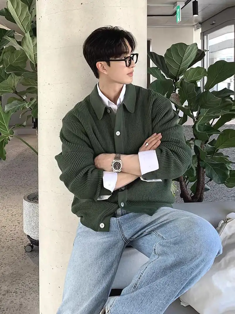 

een Knitted Open Cardigan Men's American Retro Collar Workwear Jaet Single Button Striped Wool Sweater Trendy Spring Autumn