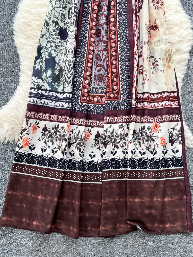 보헤미안 휴가 스타일 꽃 프린트 스트랩 드레스 여성 느슨한 고기 커버 레트로 디자인 우아한 미디 스커트 여름 드레스