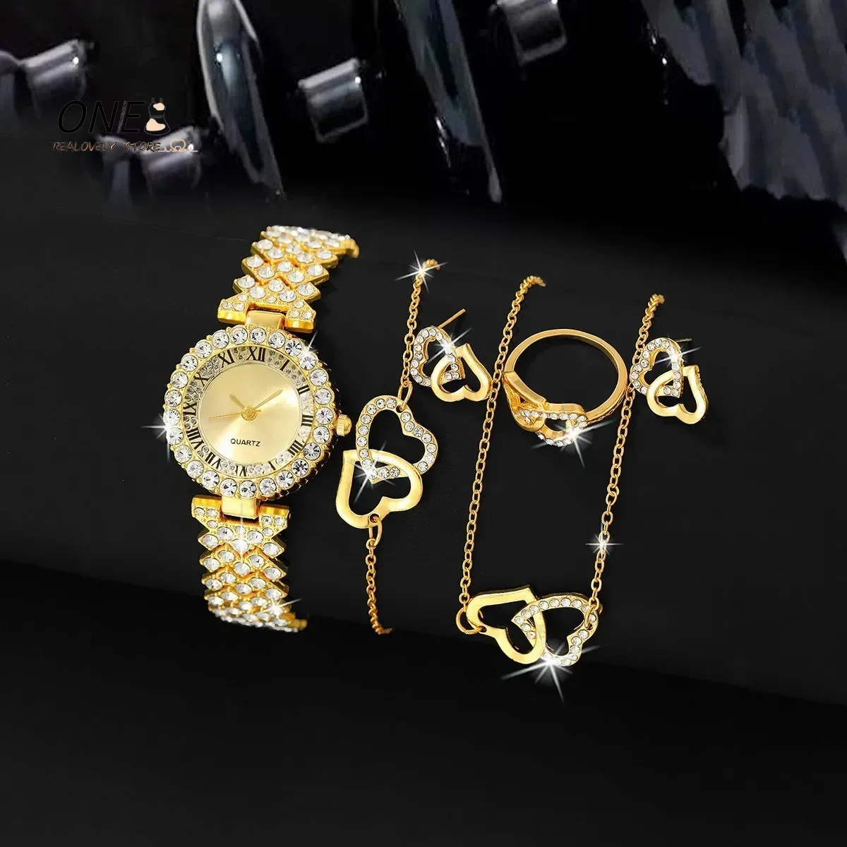 6pcs/ Set Rose Gold Luxury Watch Women Ring Necklace Earring Rhinestone Fashion Wristwatch Casual Ladies Bracelet Watches