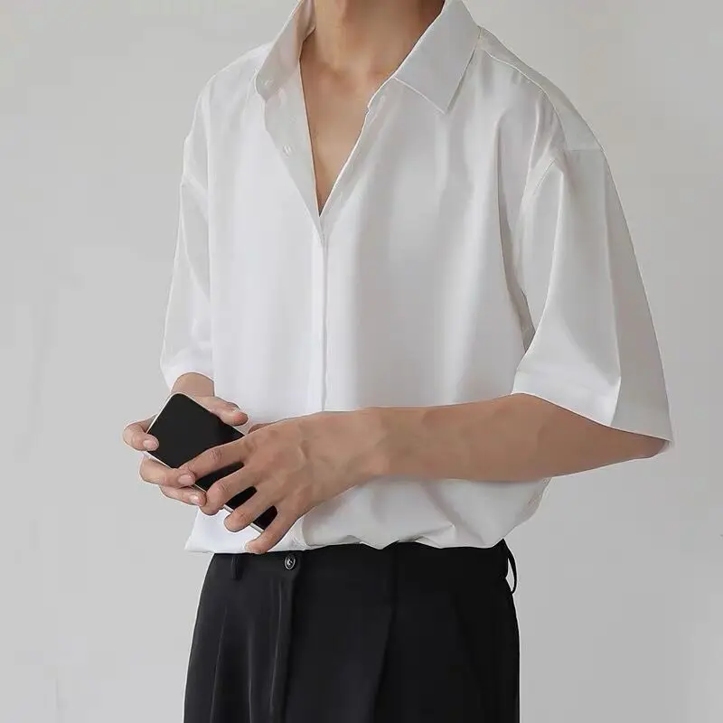 Ice Silk Sexy Mens Shirts Tops Quality Drape Solid Color Loose Harajuku White Long Sleeve Shirt Men Japanese Streetwear Blouse