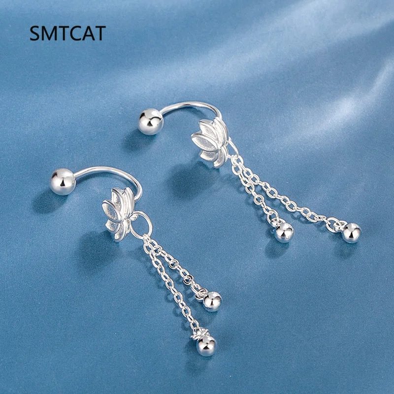 حقيقي 925 فضة زهرة اللوتس شرابة سلسلة الخرز المسمار وأقراط للنساء حفل زفاف غرامة مجوهرات