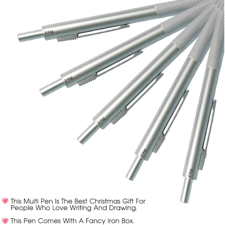 SMTTW 4-in-1 Multi-Function Refillable and Retractable Ballpoint Pen with 0.5mm Mechanical Pencil Fine Point Silver Metal Barre