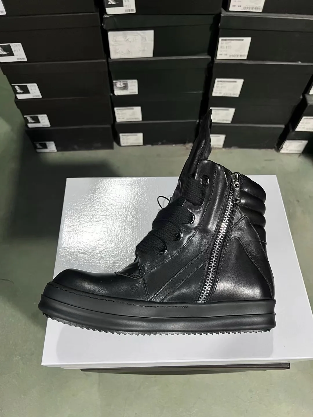 Ricks Genious Black Leather Jumbo Lace High Top Geobasket Owens Quality Men Shoe Women Sneaker Casual Owens Design boots & Shoes