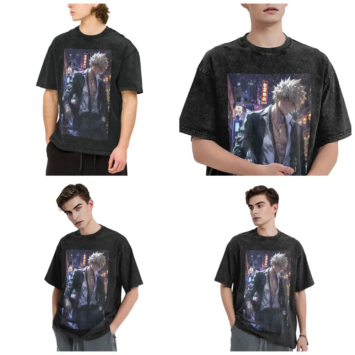 Bakugou Katsuki Hip Hop Short Sleeve T-Shirts Washed Tops Tees Streetwear T Shirt Vintage for Men Women