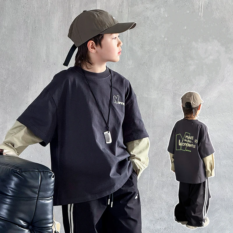 New Autumn Fake Two Pieces Children Cotton Sweatshirt for Boy Casual Long Sleeve Tee Tops Fashion Kids Wear Age 5 to 14 Years