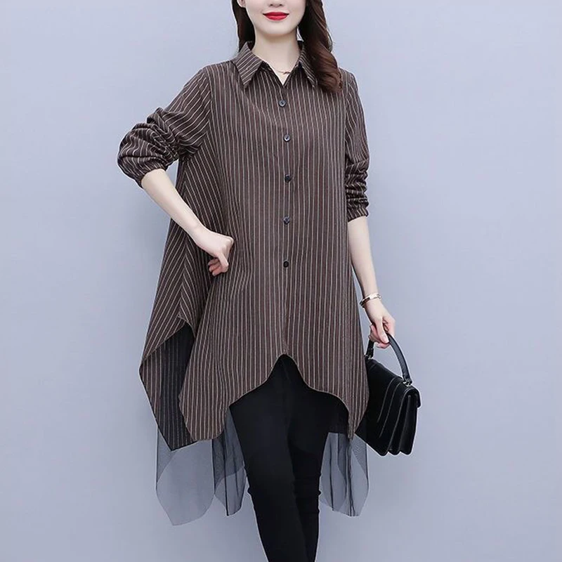 New Women Clothing Autumn Stylish Striped Print Mesh Patchwork Dresses Korean Elegant Long Sleeve Oversize Irregular Shirt Dress