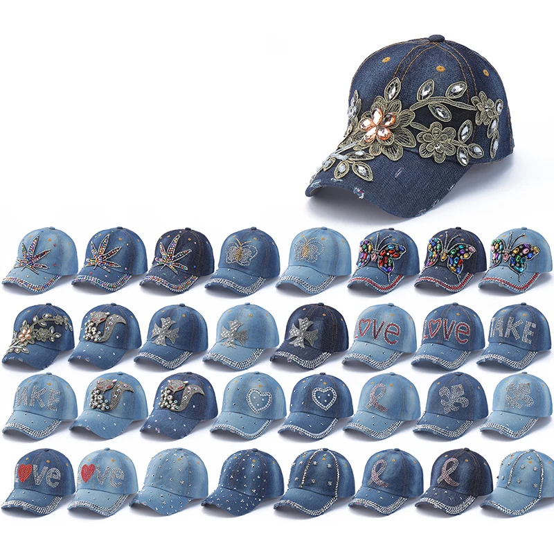 New Hip Hop Denim Cap Rhinestone Creative Lip Print Baseball Cap Love Letter Visor Hat For Men And Women Cowboy Hat