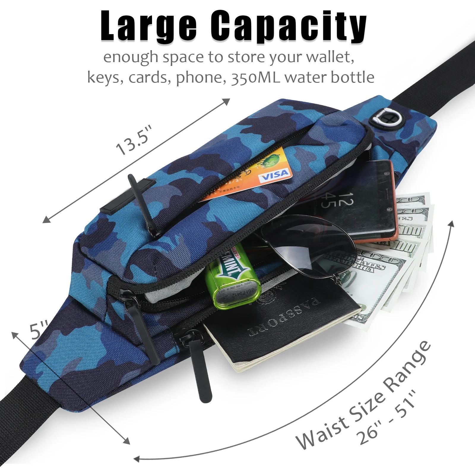 Waist Pack for Men Women Waterproof Camouflage Fanny Pack Adjustable Strap for Travel Sports Running crossbody belt bag riñonera