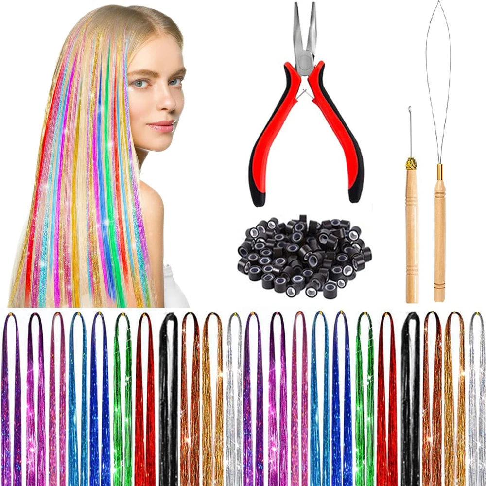 

12 Colors Hair Tinsel Kit With Tools 35 Inches Tinsel Hair Extensions For Women Glitter Sparkling Shinny Fairy Hair Accessories