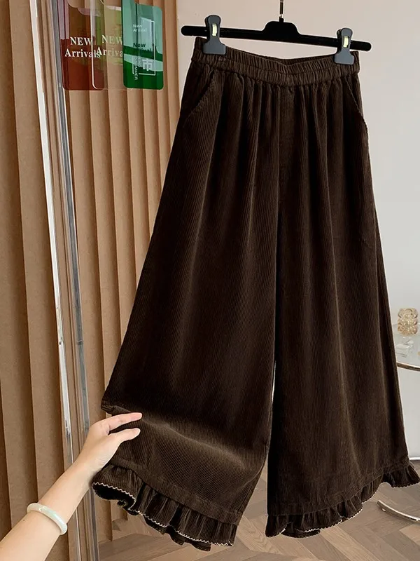 Faionable Corduroy Wide Leg Pants Women's Autumn Winter Loose Casual High Waist Long Trousers with Lace Hemline
