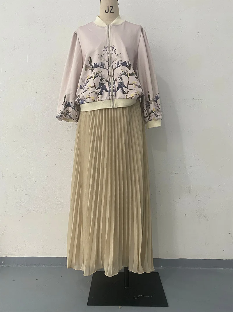 Ramadan Eid Muslim Skirt Set Two Piece Zipper Up Jacket with Pleated Skirts Suits Musulman Ensembles Spring Islamic Outfit Set