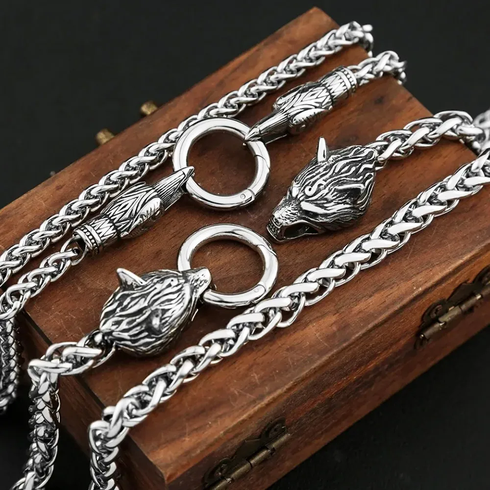Norse Punk Dual Wolf Head Raven Head Stainless Steel  Dragon Bone Chain Necklace 50/60/70cm Animal Chain For Men Fashion Jewelry