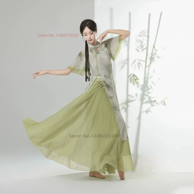 2025 chinese folk dance dress flower print chiffon qipao tops+pants set traditional dancer training exercise stage performance