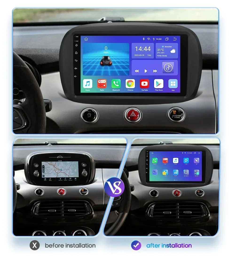 Ossuret-Autoradio Android 12, CarPlay, GPS, RDS, DSP, Bluetooth, 4G, SWC, 9 ", 2Din, Limitation UI7862, Fiat 500X, 2014 - 2020