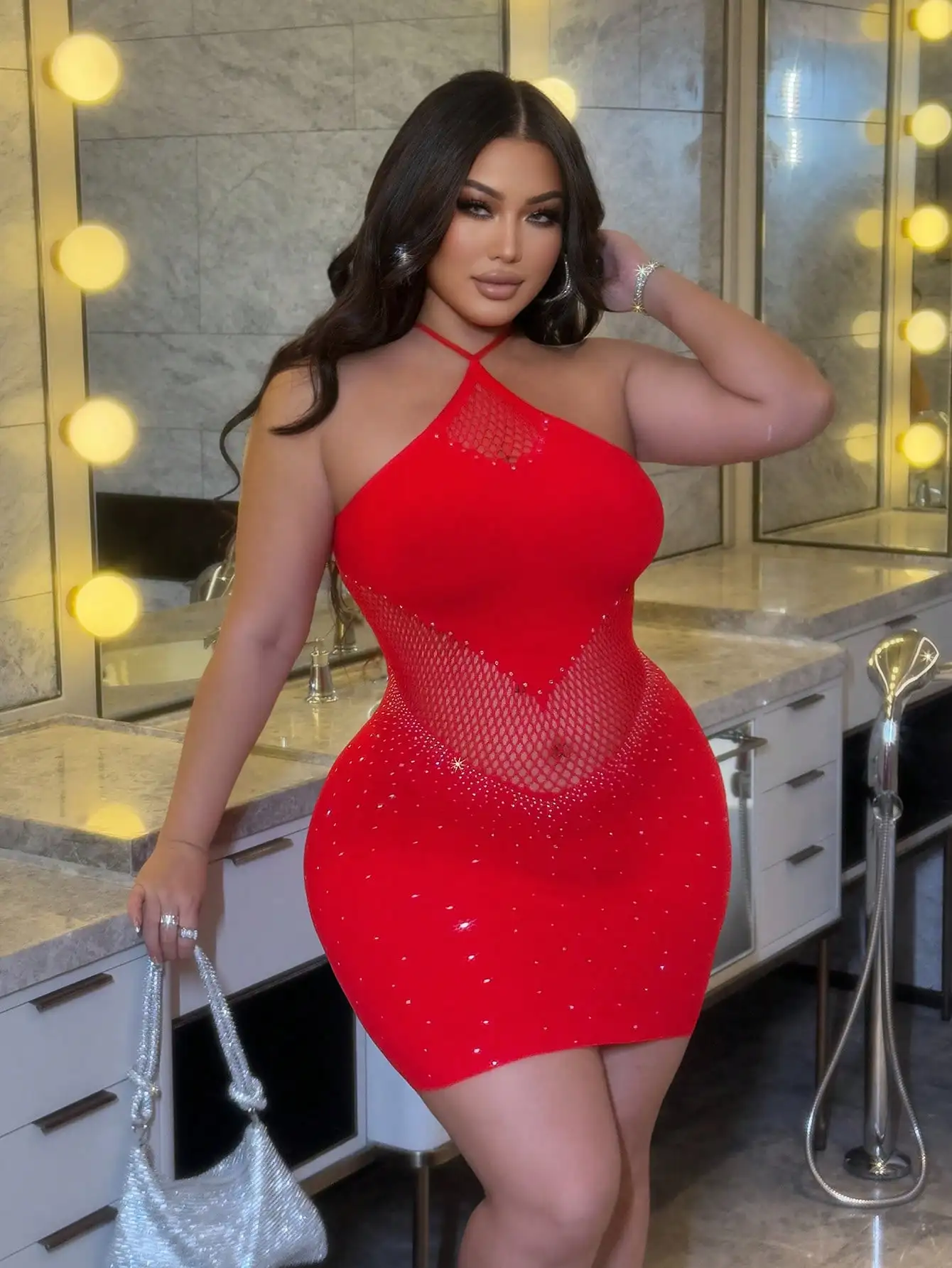 Women Sexy Dress Mesh Hollow Out Fitted Mini Dress Plus Size Sleeveless Bodycon Dress Nightclub Party Dating