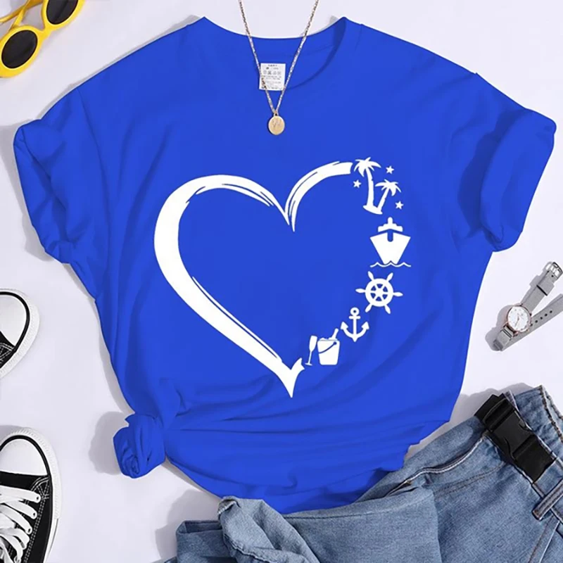 

Cruise Heart Pattern Print T-shirts for Women Summer Short Sleeve Casual Round Neck T Shirt Travel Vacation Fashion Personality