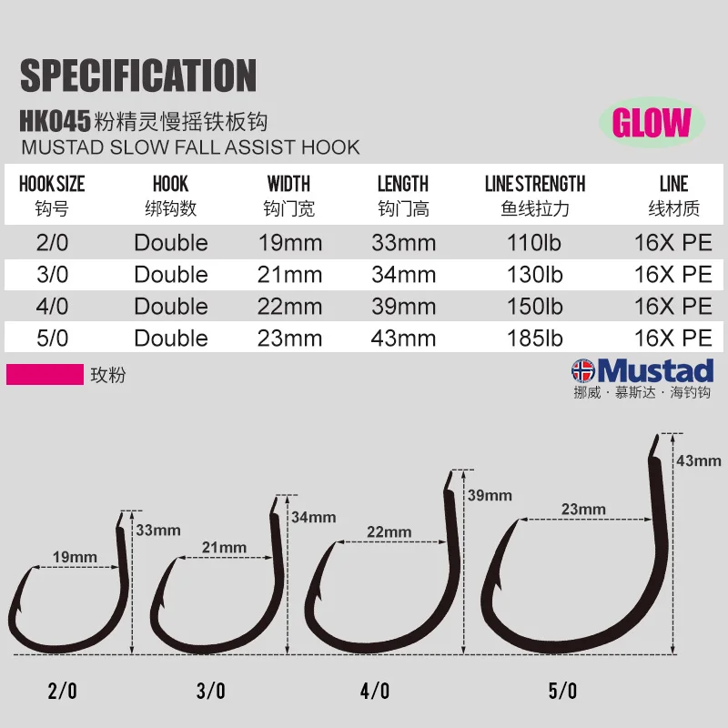 TEASER HK045 2pcs 2/0 3/0 4/0 5/0 Mustad Slow Fall Jigging Assist Hook Pink Luminous High Carbon Steel Fishing Metal Jig Hooks