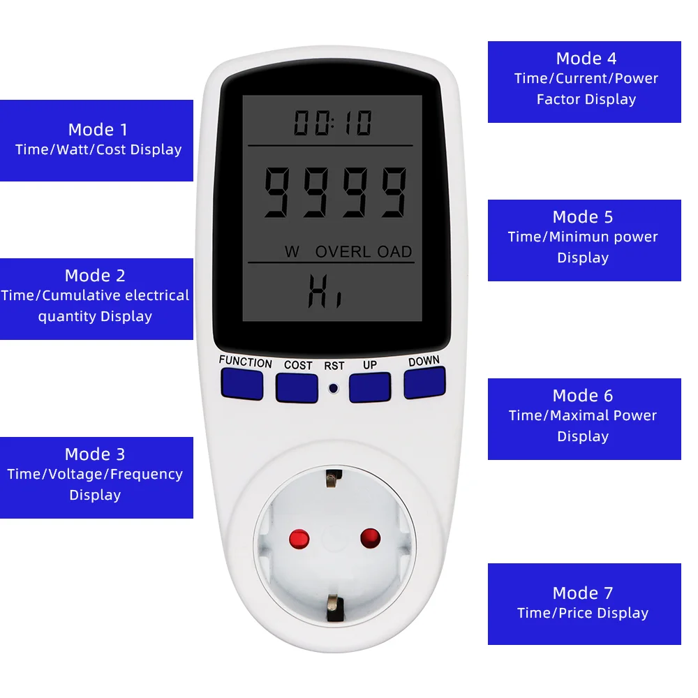 Medidor de potencia Digital LCD de 220V, vatímetro, toma de corriente de medición de energía Kwh, enchufe europeo, protección contra sobrecarga