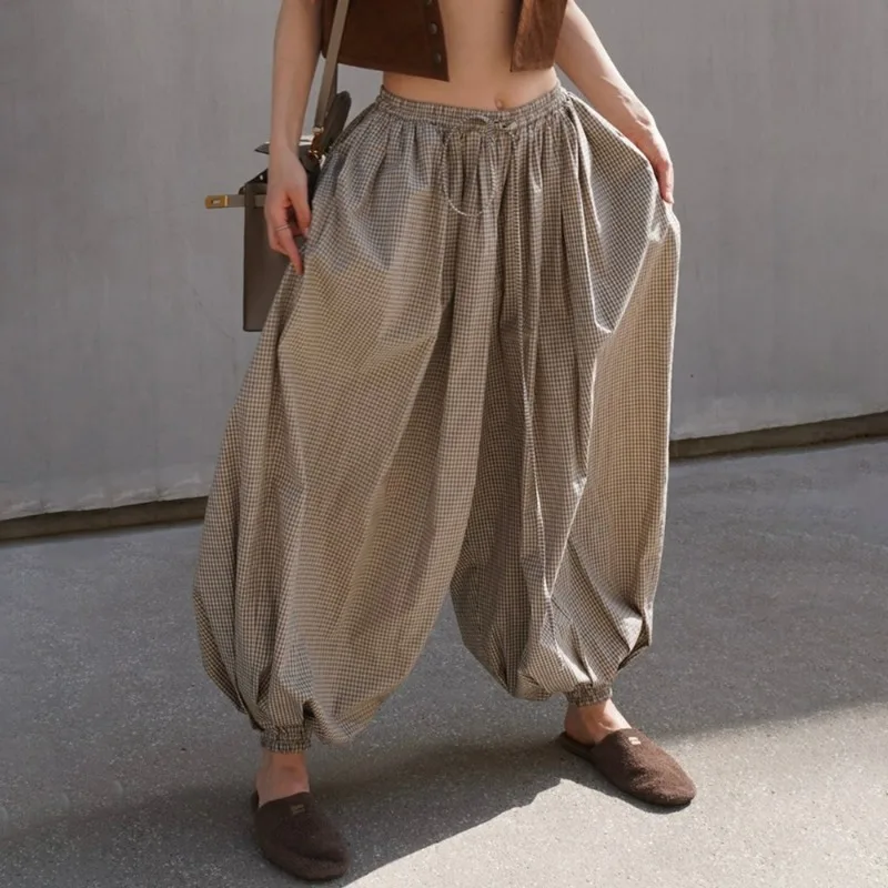 Talenza Women Thin Lantern Pants Fashion Retro Loose Casual New Plaid Trousers High Waist Chic Patchwork Female Trousers Outfits