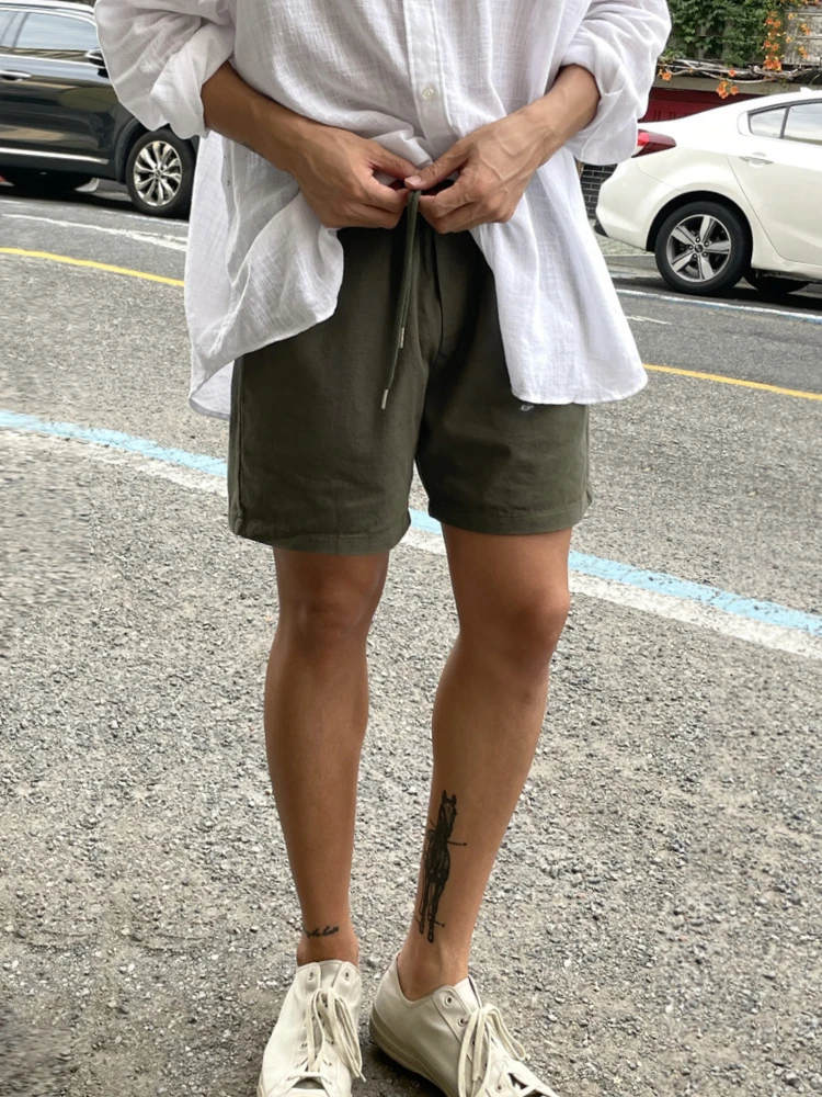 

Мужские летние повседневные дышащие шорты из хлопка, однотонные, с высокой талией, прямого кроя, молодежные, весенне-летние, модные