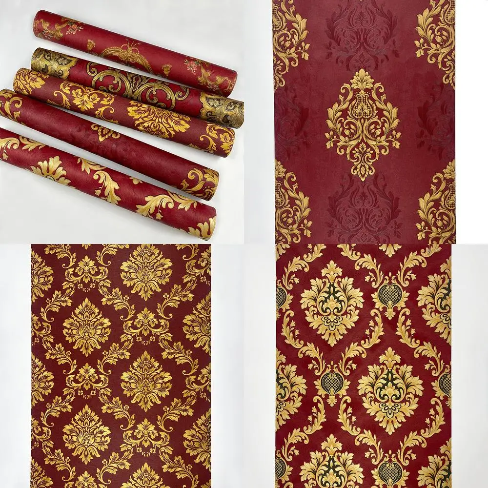 

Red Large Flower Wallpaper for Bedroom Living Room Feature Wall Hotel KTV Vintage Luxury Embossed European Waterproof Wallpaper