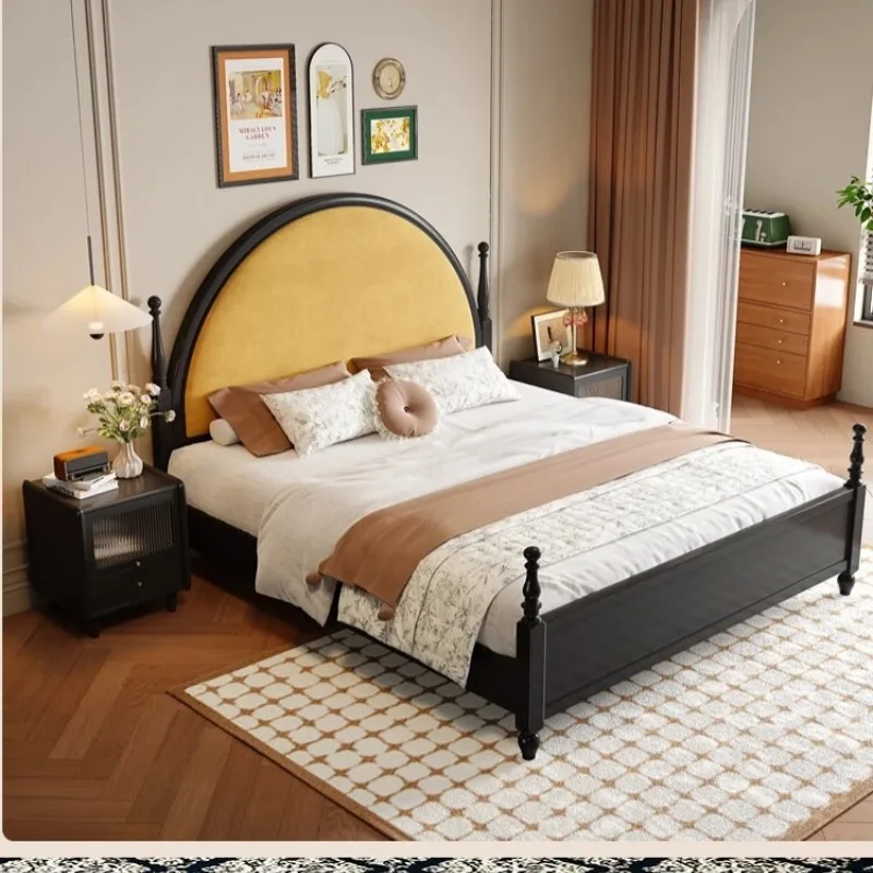 Rural retro style solid wood1.8 meters double bed 1.5 meters master bedroom French  homestay rattan bed black