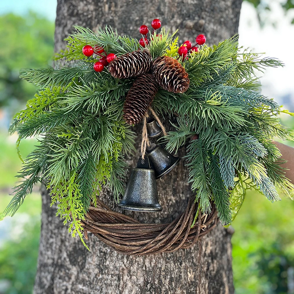 Christmas Wreath Artificial Pinecone Red Berry Garland Hanging Ornaments for Home Front Door Wall Decoration Thick Rattan Wreath