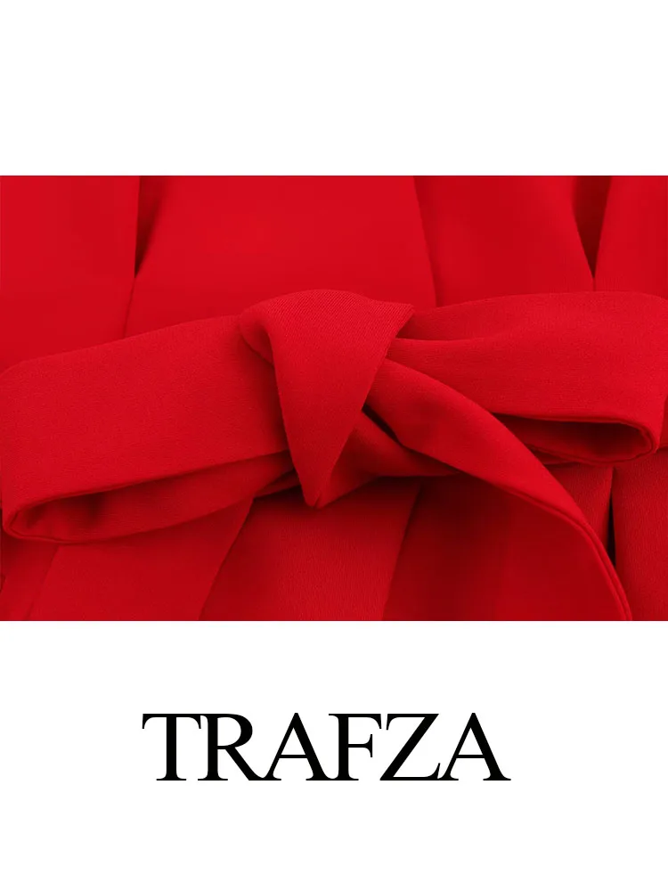 Trafza 2025 calças femininas terno vermelho decote em v sem mangas cinto rugas decorar colete superior + cintura alta bolso lateral zíper calças chiques