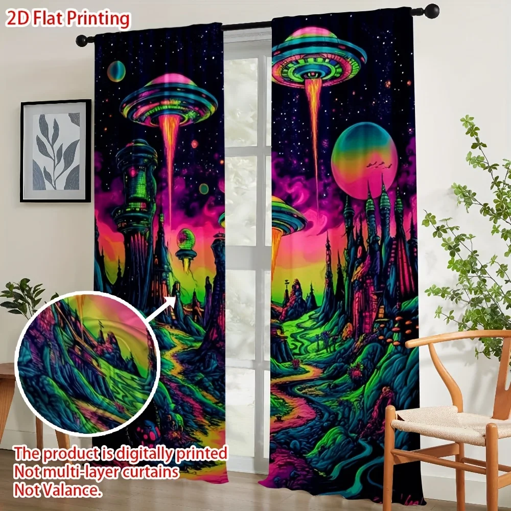 Vibrant Retro SciFi Galaxy Landscape Digital Print Curtains for Modern Home Decor Aesthetic