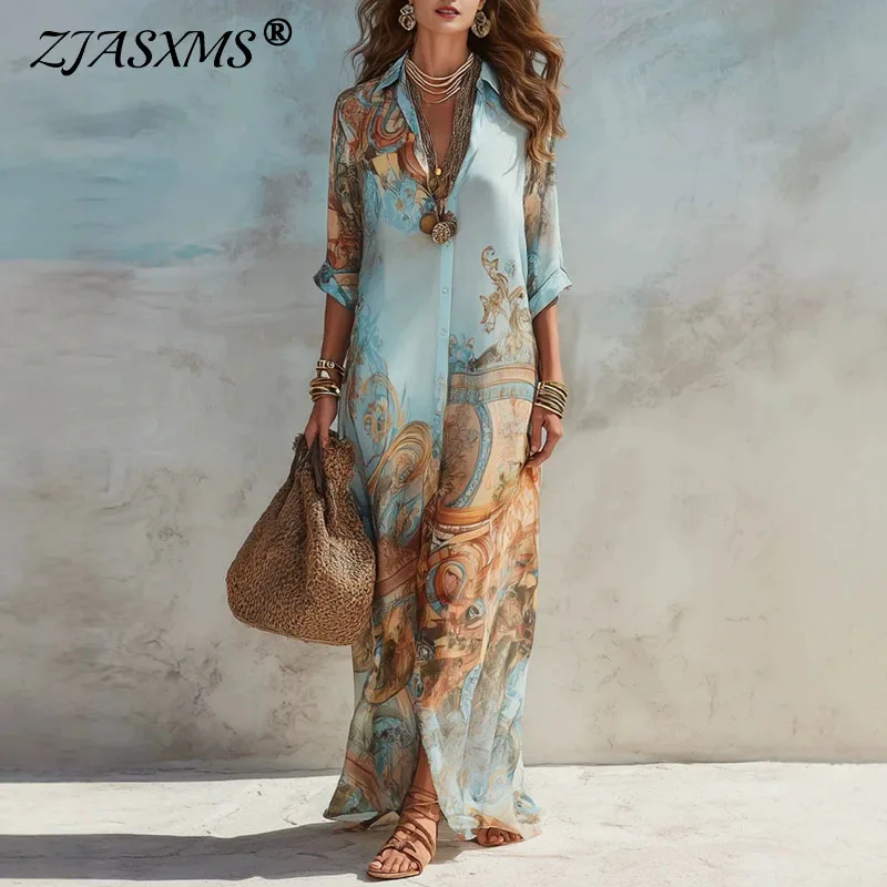 Sommerliches Boho-Blumenprint-Hemdkleid für Damen, lässiges Reverskleid mit 3/4-Ärmeln, Knopfleiste, lockeres langes Maxikleid, Strandkleid, fließendes Sommerkleid