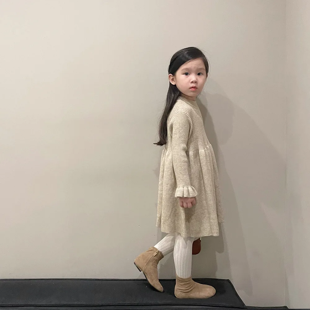 Children Girl Sweet Sweater Dress Toddler Baby Simple Fashion Full Sleeves Dresses Solid Inside Knitted Princess Dresses