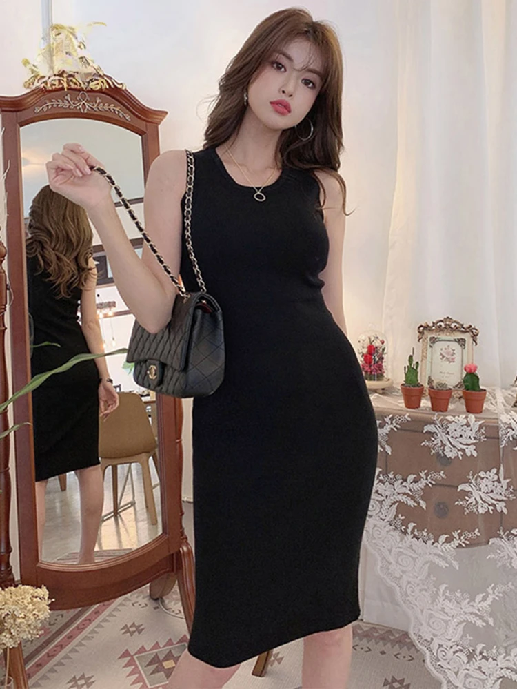 Elegant O-คอชุดดินสอผู้หญิงฤดูร้อน Sheath ถังถักชุด Slim Work Party Bodycon Vestidos